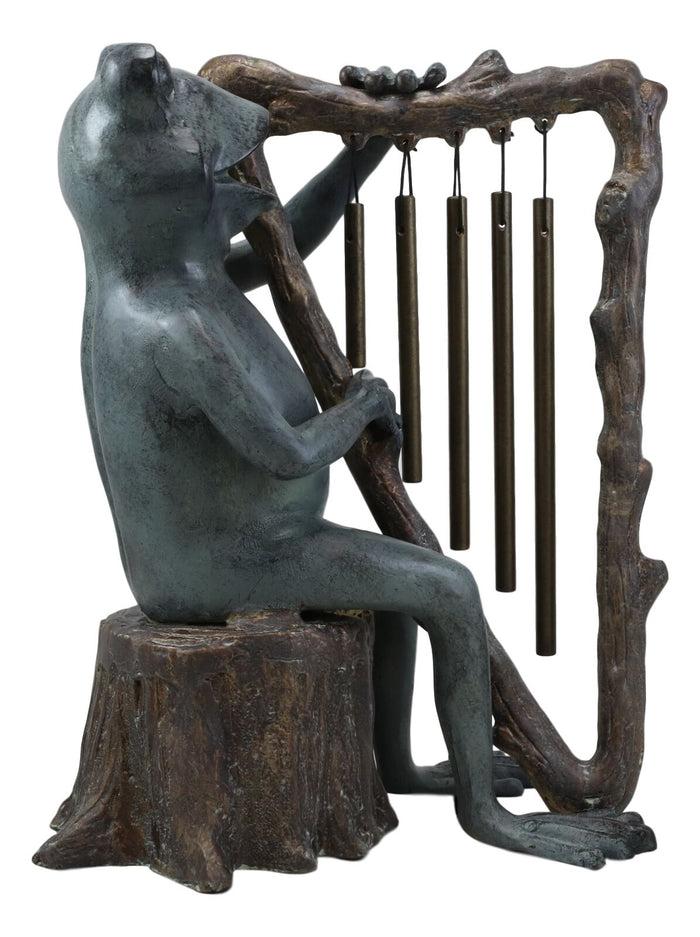 Ebros Gift Pond Paradise Whimsical Green Frog Playing The Harp Tube Resonant Wind Chime Garden Statue 13.25" Tall Patio Home Pool Deck Accent