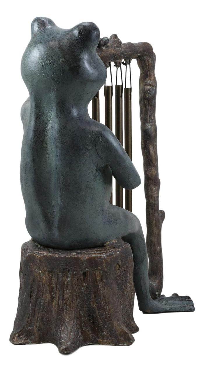 Ebros Gift Pond Paradise Whimsical Green Frog Playing The Harp Tube Resonant Wind Chime Garden Statue 13.25" Tall Patio Home Pool Deck Accent