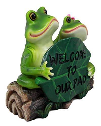 Ebros Gift Rainforest Frog Couple Lovers Holding Welcome Sign Lily Pad Decorative Figurine 9.25" L