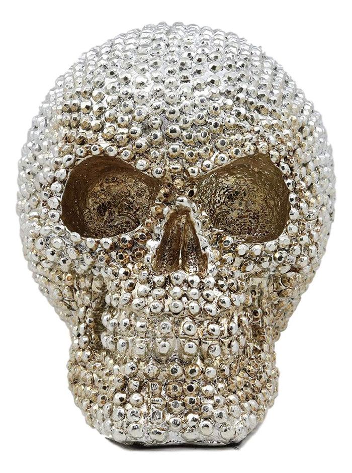Ebros Gift Realistic Chrome Silver Bead Stone Bling Skull Figurine 6.25" L