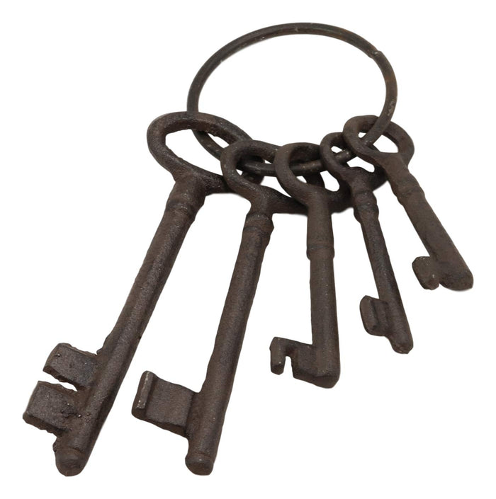 Ebros Gift Realistic Vintage Antique Design Cast Iron Jailor Keys Set of 5 in Different Sizes and Style On Ring Old World Halloween Costume Prop Pirate Skeleton Ship Jail Key Pack