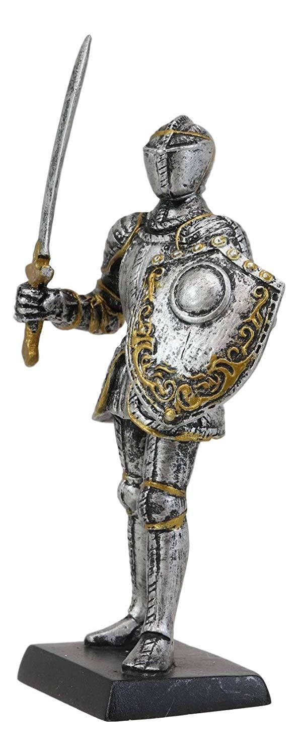 Ebros Gift Renaissance Medieval Royal Knight With Long Sword And Large Shield Figurine 5" H Suit Of Armor Dollhouse Miniature Knights Sculpture Decor European Empire War Soldier Statue