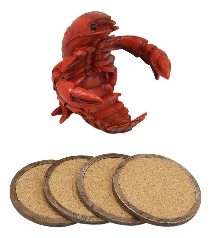 Ebros Gift Rustic Southwestern Cajun Creole Crawfish Coaster Set With 4 Round Cork Based Coasters 5" High Home Accent Crayfish Small Lobster Western Decorative Figurine