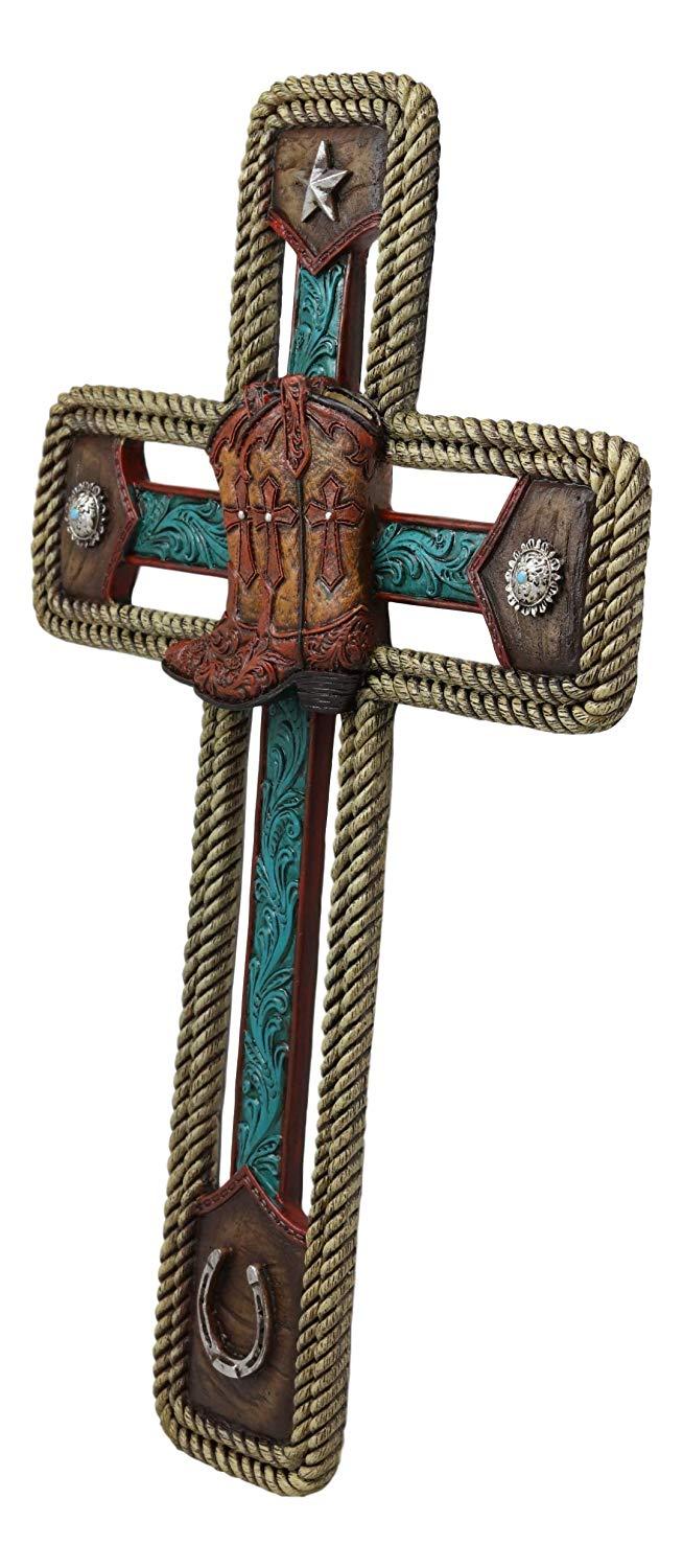 Ebros Gift Rustic Western Cowboy Boots With Star And Horseshoe Wall Cross Decor Plaque In Rope Embroidery Vintage Design Hanging Sculpture 13.5" High Catholic Christian Accent Decorative Crosses