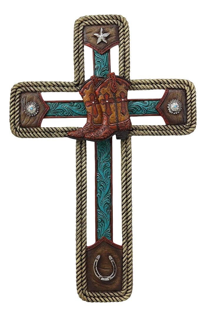 Ebros Gift Rustic Western Cowboy Boots With Star And Horseshoe Wall Cross Decor Plaque In Rope Embroidery Vintage Design Hanging Sculpture 13.5" High Catholic Christian Accent Decorative Crosses