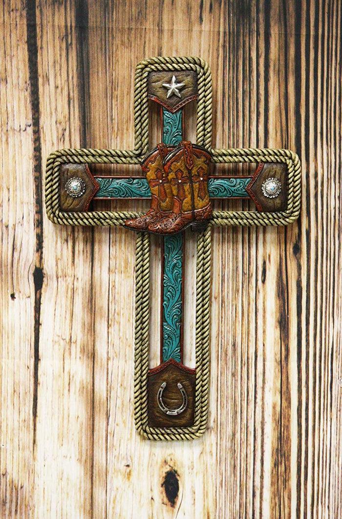 Ebros Gift Rustic Western Cowboy Boots with Star and Horseshoe Wall Cross Decor Plaque in Rope Embroidery Vintage Design Hanging Sculpture 13.5" High Catholic Christian Accent Decorative Crosses