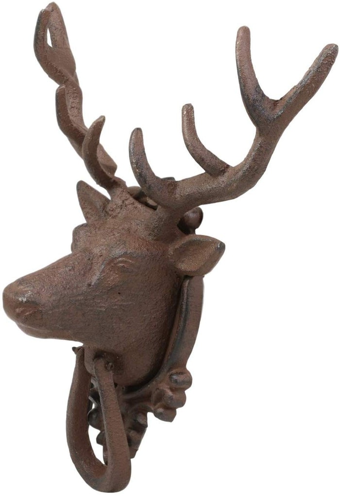 Ebros Gift Rustic Western Forest Horned Elk Deer Head Cast Iron Door Knocker 10.5" Tall Figurine Decorative Knockers Buck For Hunter Cabin Lodge Home Accent Decor Hardware