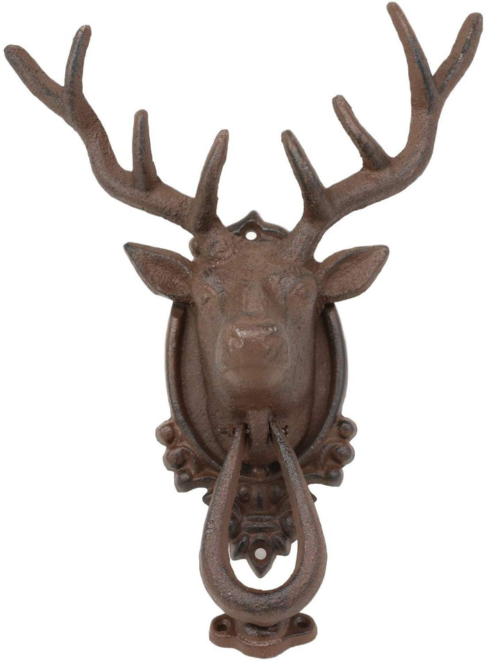 Ebros Gift Rustic Western Forest Horned Elk Deer Head Cast Iron Door Knocker 10.5" Tall Figurine Decorative Knockers Buck For Hunter Cabin Lodge Home Accent Decor Hardware