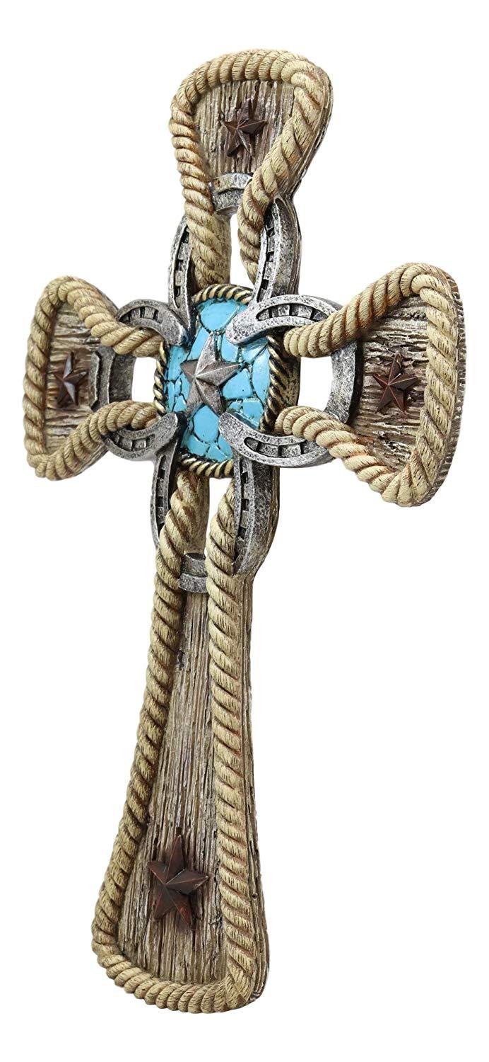 Ebros Gift Rustic Western Stars Turquoise Gem Horseshoe Wall Cross Decor Plaque In Rope Embroidery Outline Finish Hanging Sculpture 12" High Decorative Crosses