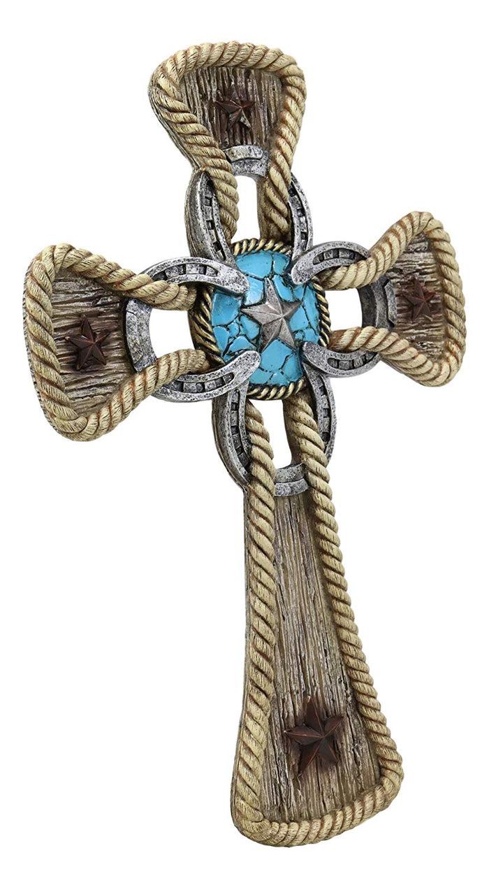 Ebros Gift Rustic Western Stars Turquoise Gem Horseshoe Wall Cross Decor Plaque In Rope Embroidery Outline Finish Hanging Sculpture 12" High Decorative Crosses