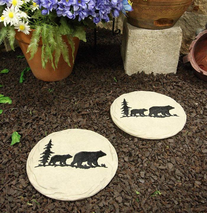 Ebros Gift Rustic Wildlife Pine Tree Forest Trail Black Bear Mother And Cub Faux Stone Resin Garden Stepping Stones 9" Diameter Decorative Cabin Lodge Mountain Gardening Accent Decor (2)