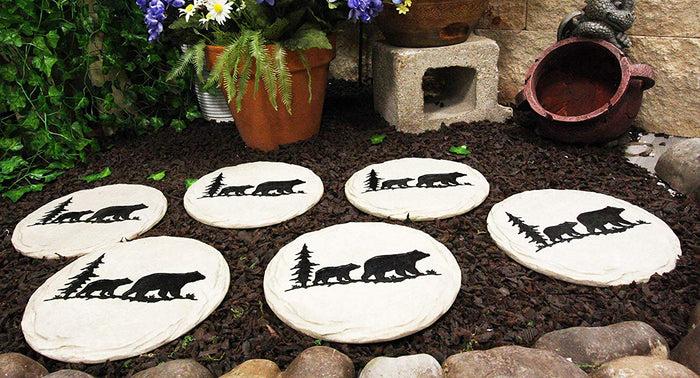 Ebros Gift Rustic Wildlife Pine Tree Forest Trail Black Bear Mother and Cub Faux Stone Resin Garden Stepping Stones 9" Diameter Decorative Cabin Lodge Mountain Gardening Accent Decor (6)