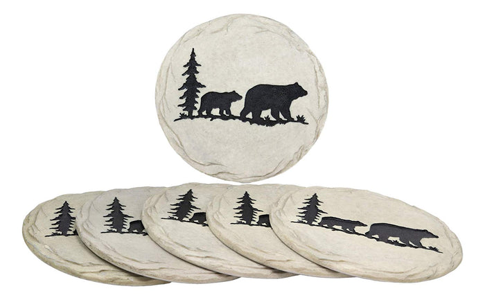 Ebros Gift Rustic Wildlife Pine Tree Forest Trail Black Bear Mother And Cub Faux Stone Resin Garden Stepping Stones 9" Diameter Decorative Cabin Lodge Mountain Gardening Accent Decor (6)