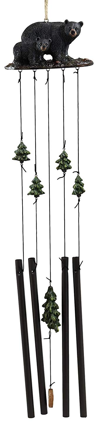Ebros Gift Rustic Woodland Black Bear Mother And Cub Family Roaming The Forest Figurine Top Resonant Wind Chime With Pine Tree Ornaments Garden Patio Rustic Cabin Lodge Mountain River Home Accent
