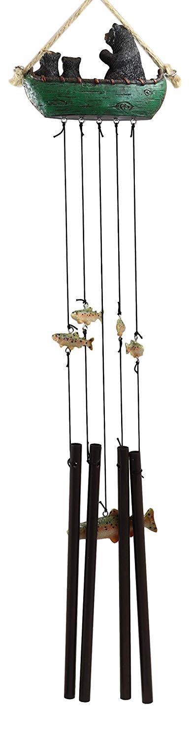 Ebros Gift Rustic Woodland Forest Black Bear Mother And 2 Cubs Family Rowing Canoe Boat Figurine Top Resonant Wind Chime With Fish Ornaments Garden Patio Rustic Cabin Lodge Mountain River Home Accent