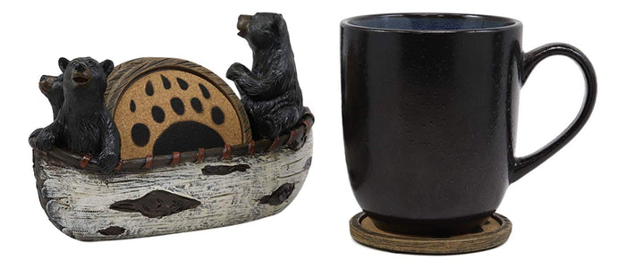 Ebros Gift Rustic Woodlands 3 Black Bears Family On Paddle Canoe Boat Bear Paw Coaster Set 4 Round Coasters With Figurine Holder 7" Long Cabin Lodge Mountain Lake Side Home Decor Kitchen Accent