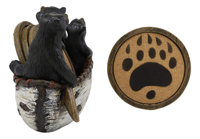 Ebros Gift Rustic Woodlands 3 Black Bears Family On Paddle Canoe Boat Bear Paw Coaster Set 4 Round Coasters With Figurine Holder 7" Long Cabin Lodge Mountain Lake Side Home Decor Kitchen Accent