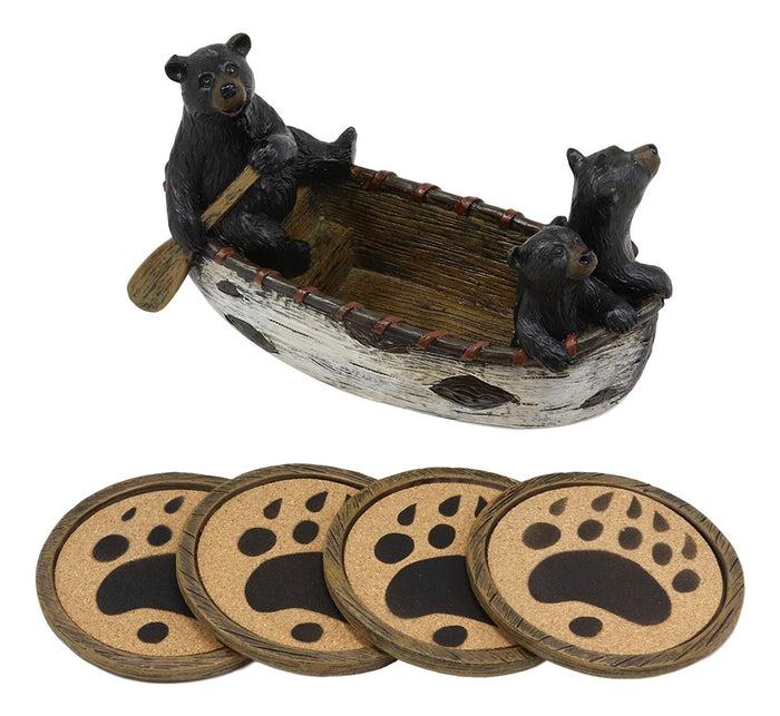 Ebros Gift Rustic Woodlands 3 Black Bears Family On Paddle Canoe Boat Bear Paw Coaster Set 4 Round Coasters With Figurine Holder 7" Long Cabin Lodge Mountain Lake Side Home Decor Kitchen Accent