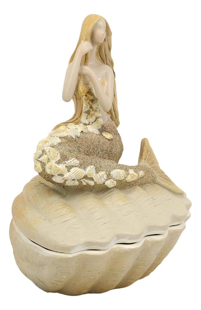 Ebros Gift Sand Brown Abstract Mermaid Sitting On Giant Sea Shell Jewelry Box Figurine With Sea Shell Ornaments 7" High