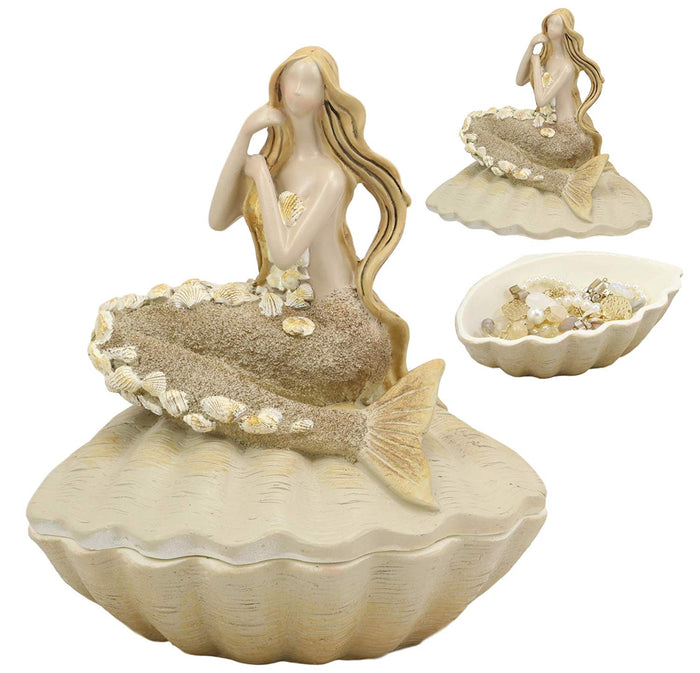 Ebros Gift Sand Brown Abstract Mermaid Sitting On Giant Sea Shell Jewelry Box Figurine With Sea Shell Ornaments 7" High