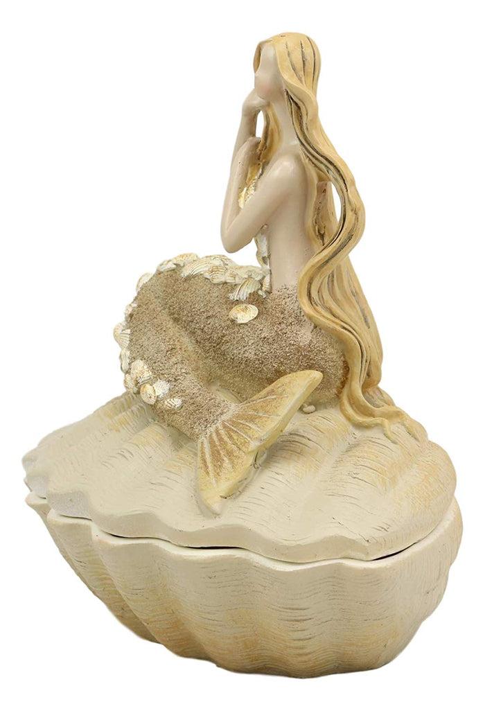 Ebros Gift Sand Brown Abstract Mermaid Sitting On Giant Sea Shell Jewelry Box Figurine With Sea Shell Ornaments 7" High