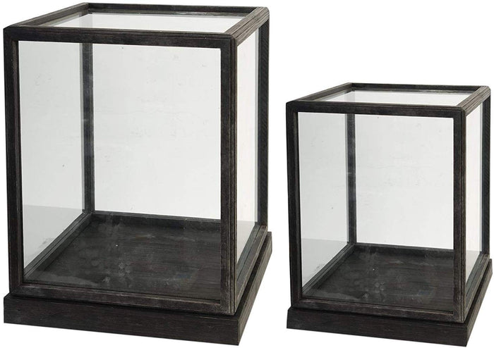 Ebros Gift Set Of 2 Large Decorative Sleek Clear Glass Display Boxes With Fir Wood Frames Apothecary Cloche Bell Box Jars Centerpiece Dome Display Terrarium Case 19" H And 17" H