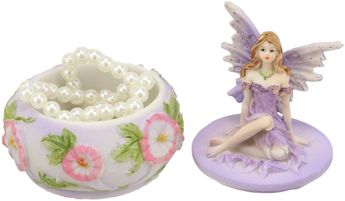 Ebros Gift Set Of 3 Colorful Pastel Pink Blue Purple Flower Fairy Small Round Trinket Jewelry Box Figurines 3.25" High