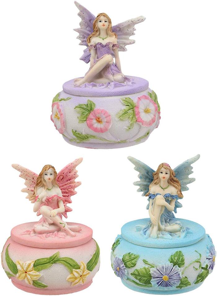 Ebros Gift Set Of 3 Colorful Pastel Pink Blue Purple Flower Fairy Small Round Trinket Jewelry Box Figurines 3.25" High