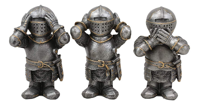 Ebros Gift Set Of 3 Renaissance Medieval See Hear Speak No Evil Royal Knights Figurine 4" Tall Suit Of Armor Dollhouse Miniature European Knights Sculpture Decor