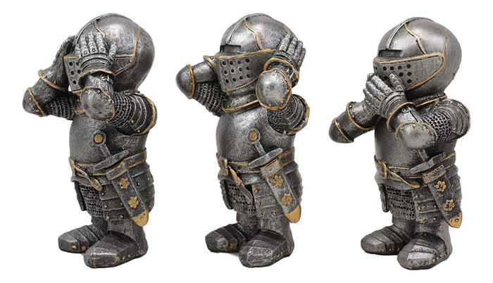 Ebros Gift Set Of 3 Renaissance Medieval See Hear Speak No Evil Royal Knights Figurine 4" Tall Suit Of Armor Dollhouse Miniature European Knights Sculpture Decor