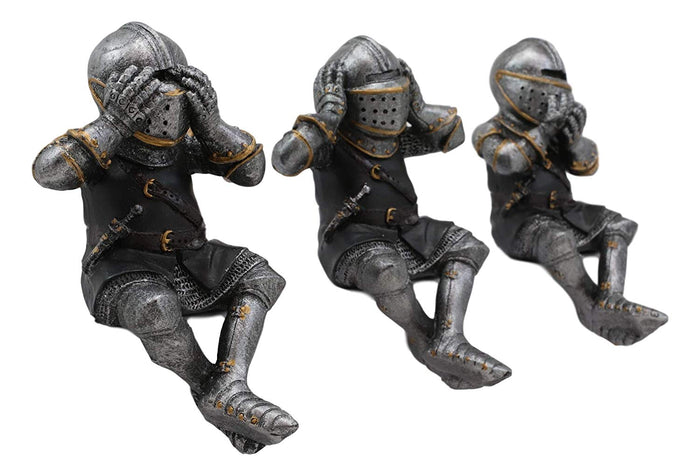 Ebros Gift Set Of 3 Renaissance Medieval See Hear Speak No Evil Royal Knights With Black Tunic Ledge Or Shelf Sitters Figurine 4" Tall Suit Of Armor Miniature Knights Decor