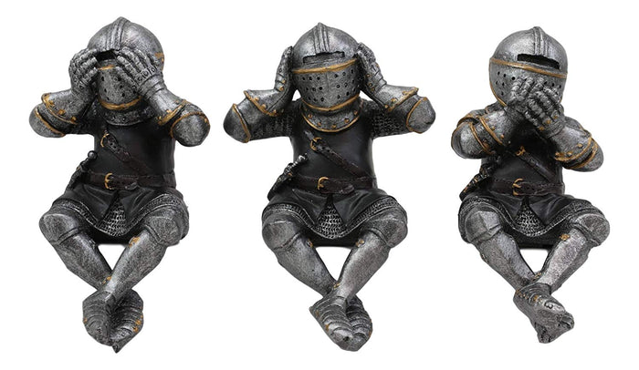 Ebros Gift Set Of 3 Renaissance Medieval See Hear Speak No Evil Royal Knights With Black Tunic Ledge Or Shelf Sitters Figurine 4" Tall Suit Of Armor Miniature Knights Decor