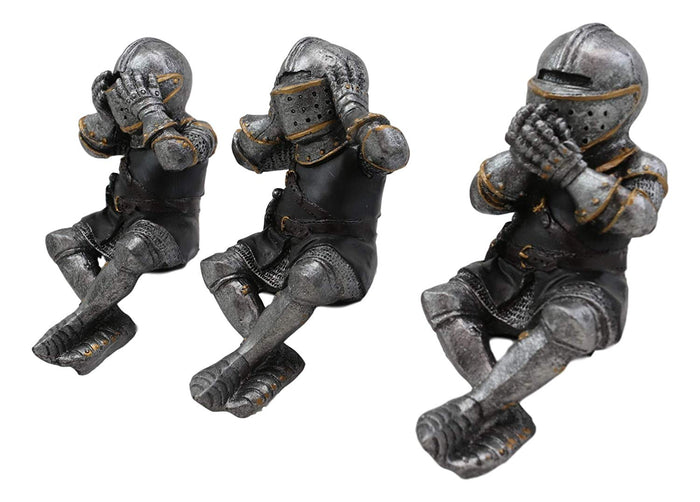 Ebros Gift Set Of 3 Renaissance Medieval See Hear Speak No Evil Royal Knights With Black Tunic Ledge Or Shelf Sitters Figurine 4" Tall Suit Of Armor Miniature Knights Decor