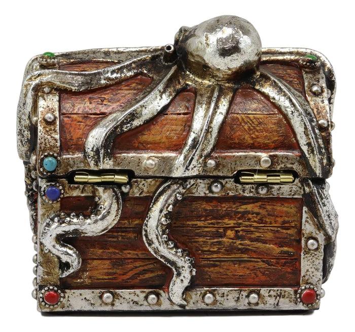 Ebros Gift Silver Shimmer Alien Octopus Guarding Pirate Treasure Chest Box Trinket Box Figurine Nautical Coastal Ocean Decorative Jewelry Storage Keepsake (4.75" Wide Small)