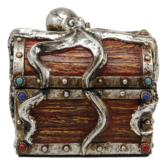Ebros Gift Silver Shimmer Alien Octopus Guarding Pirate Treasure Chest Box Trinket Box Figurine Nautical Coastal Ocean Decorative Jewelry Storage Keepsake (4.75" Wide Small)
