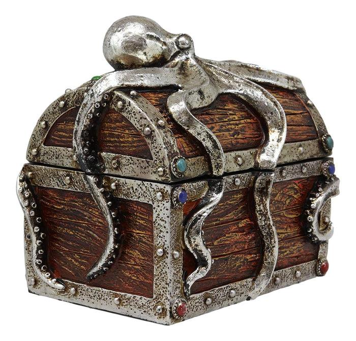 Ebros Gift Silver Shimmer Alien Octopus Guarding Pirate Treasure Chest Box Trinket Box Figurine Nautical Coastal Ocean Decorative Jewelry Storage Keepsake (6.25" Wide Medium)