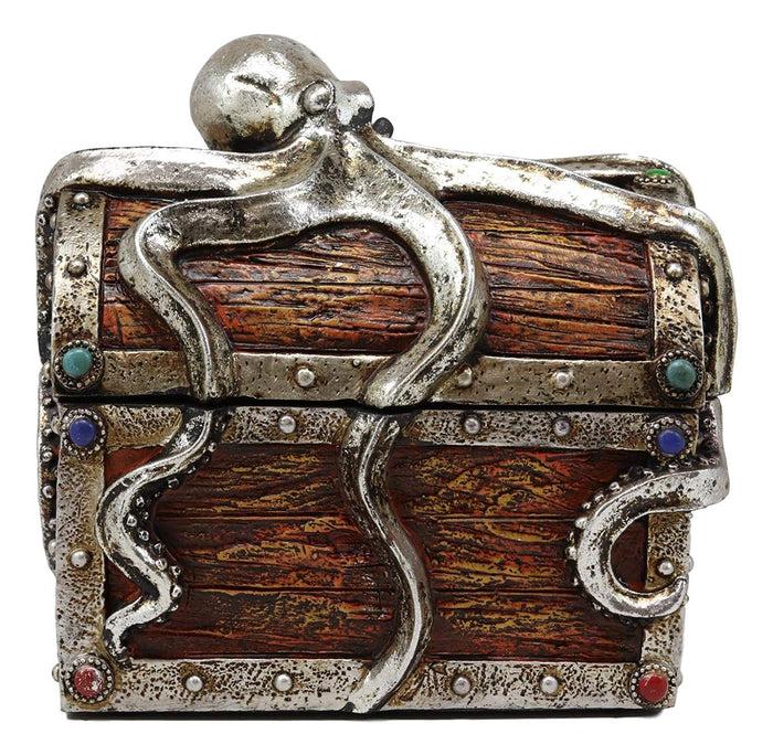 Ebros Gift Silver Shimmer Alien Octopus Guarding Pirate Treasure Chest Box Trinket Box Figurine Nautical Coastal Ocean Decorative Jewelry Storage Keepsake (6.25" Wide Medium)