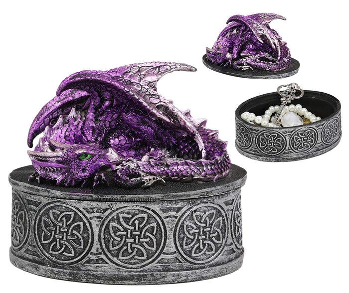 Ebros Gift Sleeping Purple Dragon Decorative Oval Trinket Jewelry Box Figurine With Celtic Knotwork 5" W