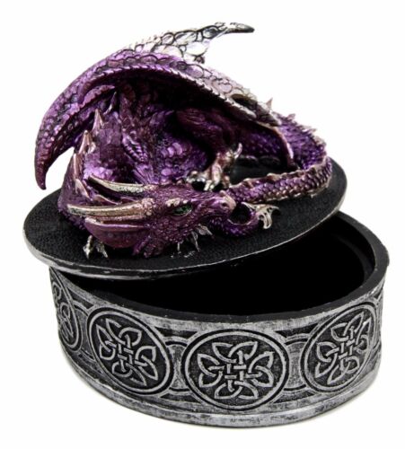 Ebros Gift Sleeping Purple Dragon Decorative Oval Trinket Jewelry Box Figurine With Celtic Knotwork 5" W