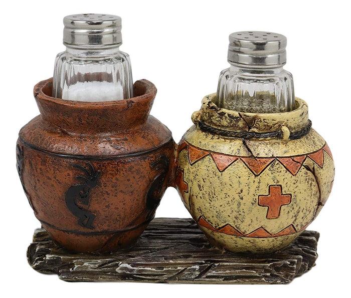 Ebros Gift Southwestern Native American Indian Hopi Kokopelli God And Turquoise Feathers Canister Jars Glass Salt And Pepper Shakers Holder Figurine Set 6.25" Wide Decorative Home And Kitchen Accent