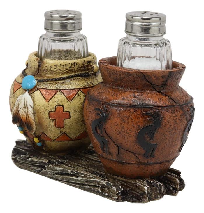 Ebros Gift Southwestern Native American Indian Hopi Kokopelli God And Turquoise Feathers Canister Jars Glass Salt And Pepper Shakers Holder Figurine Set 6.25" Wide Decorative Home And Kitchen Accent