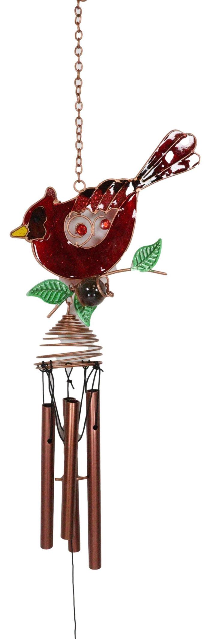 Ebros Gift Stained Glass Red Cardinal Bird Copper Metal Wind Chime 24.25"Long Resonant Outdoor Patio Garden Decor Accessory