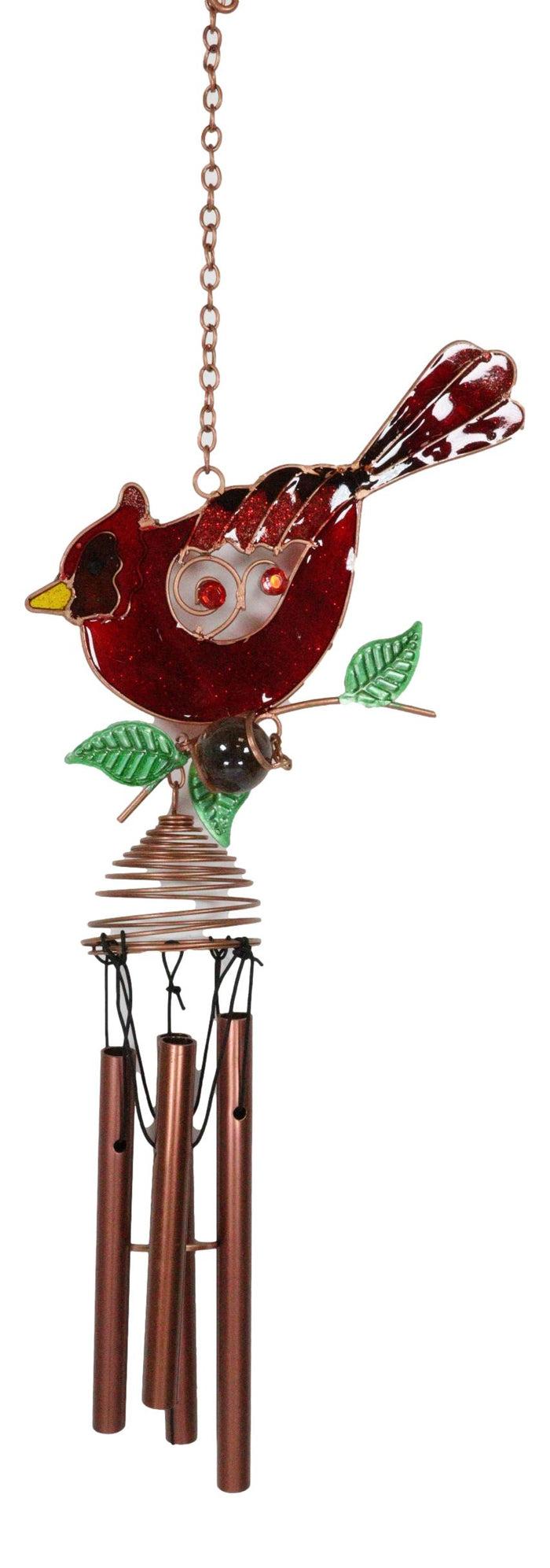 Ebros Gift Stained Glass Red Cardinal Bird Copper Metal Wind Chime 24.25"Long Resonant Outdoor Patio Garden Decor Accessory