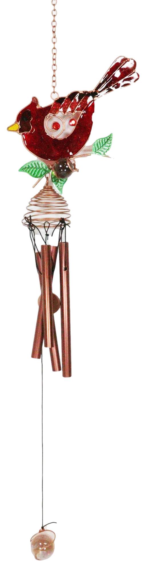 Ebros Gift Stained Glass Red Cardinal Bird Copper Metal Wind Chime 24.25"Long Resonant Outdoor Patio Garden Decor Accessory
