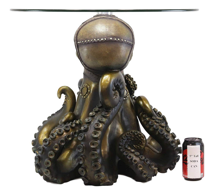 Ebros Gift Steampunk Octopus Navy Military Marauder Round Side Coffee Table With Glass Top Science Fiction Sci Fi Furniture Collectible Steampunks Fantasy Kraken Monster Statue