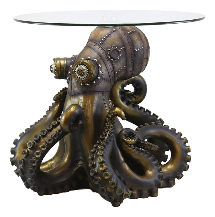 Ebros Gift Steampunk Octopus Navy Military Marauder Round Side Coffee Table With Glass Top Science Fiction Sci Fi Furniture Collectible Steampunks Fantasy Kraken Monster Statue