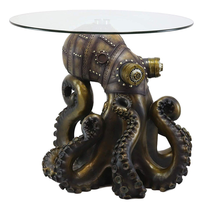 Ebros Gift Steampunk Octopus Navy Military Marauder Round Side Coffee Table With Glass Top Science Fiction Sci Fi Furniture Collectible Steampunks Fantasy Kraken Monster Statue