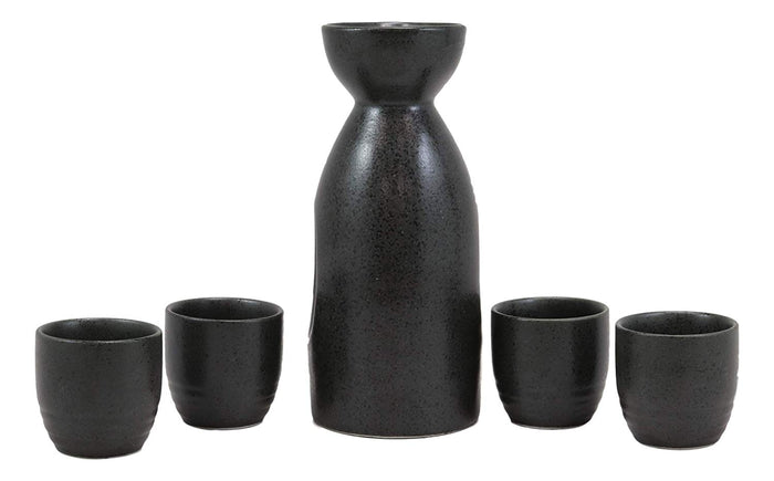 Ebros Gift Traditional Ceremony Porcelain Pottery Green Bamboo Silhouette Design Japanese Rice Wine Sake 5 Piece Set Of 1 Black Tokkuri Serving Flask 10oz With 4 Ochoko Cups 2oz