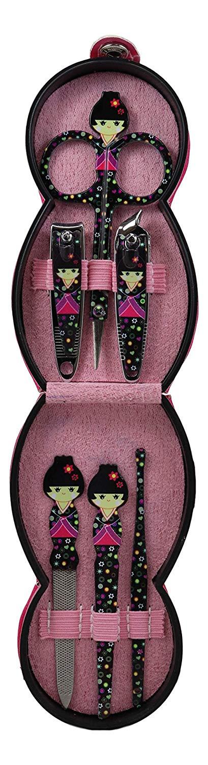 Ebros Gift Traditional Japanese Kokeshi Girl Doll Travel Portable Case Manicure Pedicure Set 6 Piece Stainless Steel Grooming Tools Nail Clippers Scissors Filers Ear Pick Tweezer (Black Kimono)