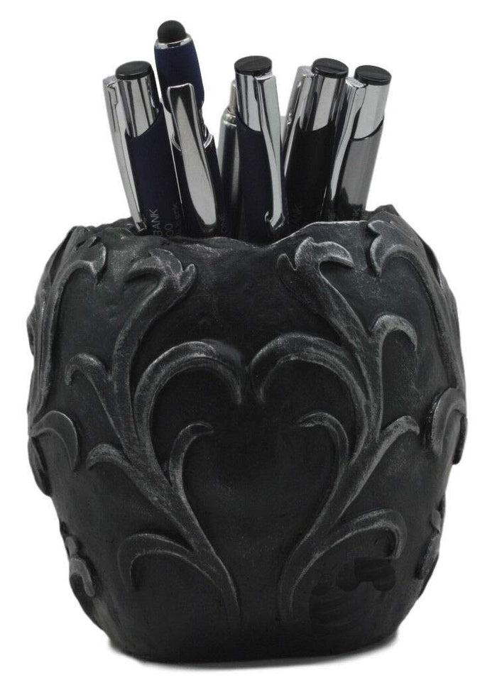Ebros Gift Tribal Tattoo Floral Skull Pen Holder Figurine 5.75"L Office Decor